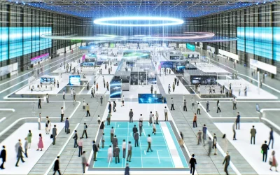 Hội trường triển lãm lớn với không gian ảo 360 độ tương tác và người tham dự trên toàn cầu.